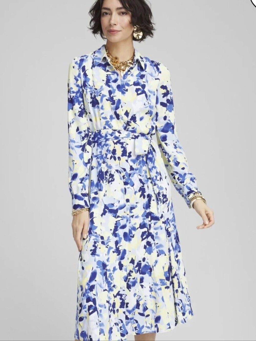 Chico's Blue and Yellow Watercolor Floral Dress